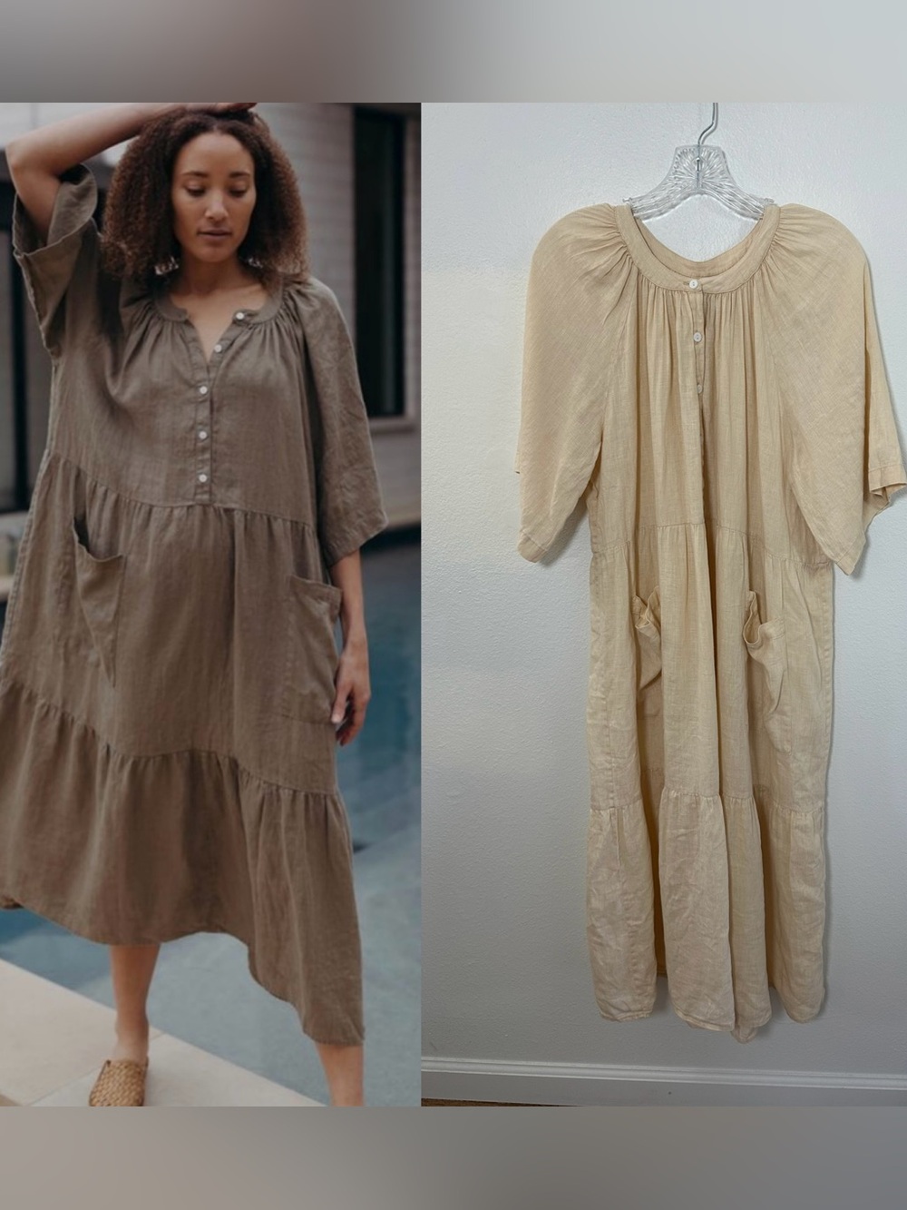 Esby Callie Dress 100% Linen Cream Tiered Midi Dress Oversized Size XS